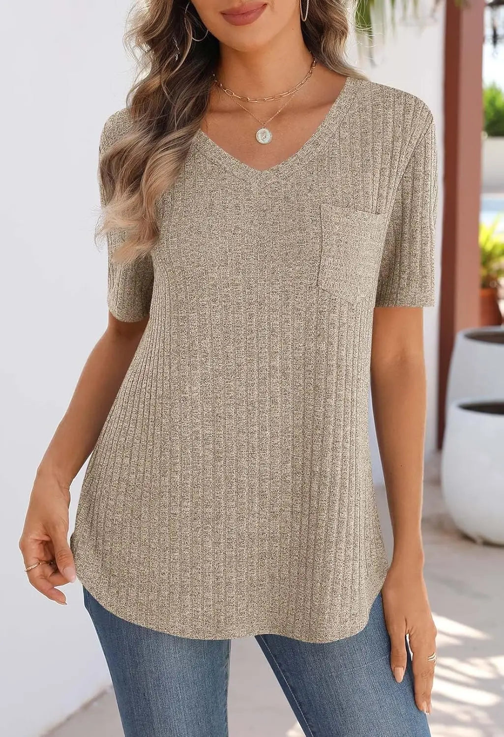 Mira | Textured Ribbed V-Neck Tee