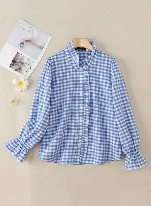 Ellersley — Checked Frill Stand-Neck Shirt