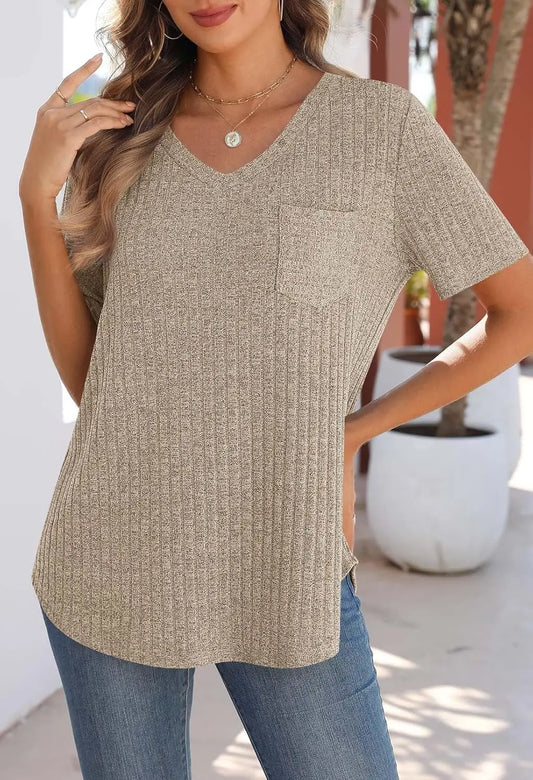 Mira | Textured Ribbed V-Neck Tee