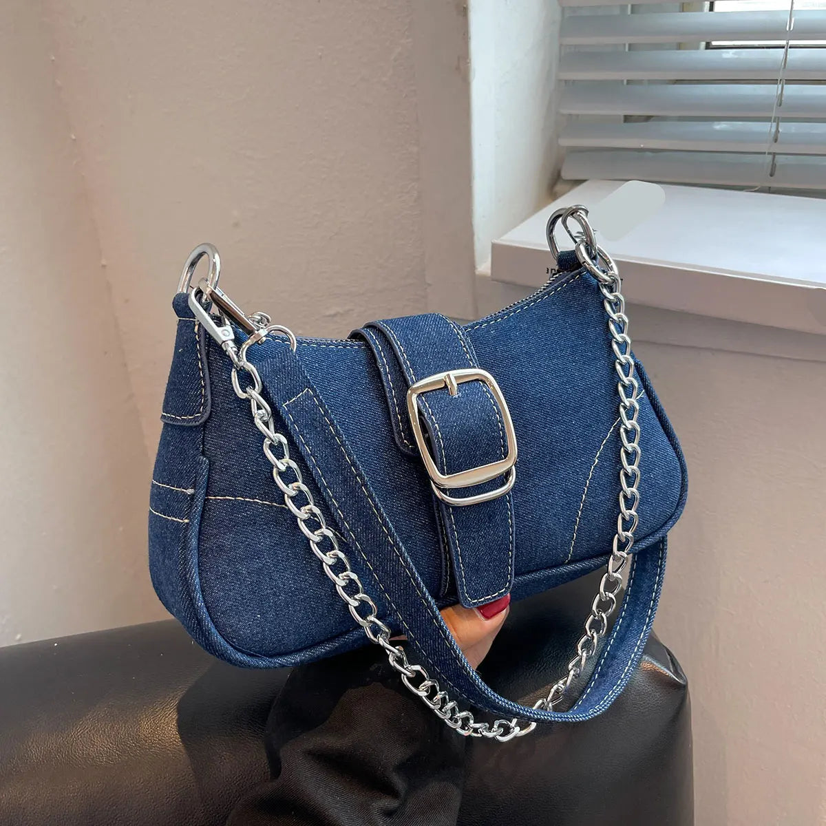 Vintage Denim Shoulder Bag – Trendy Chain Strap Handbag for Women