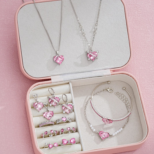 Elegant Pink Crystal Heart Jewelry Set – 14-Piece Necklace, Earrings, Rings & Bracelets
