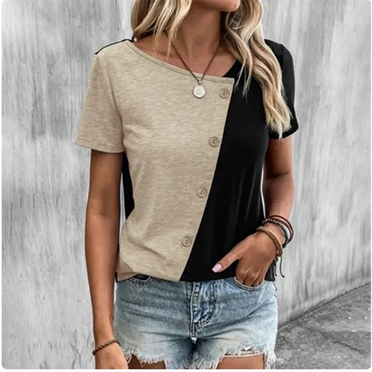 Cambria | Two-Tone Button Accent Tee