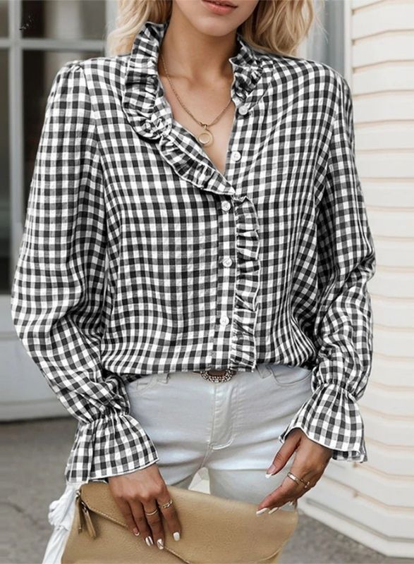 Ellersley — Checked Frill Stand-Neck Shirt