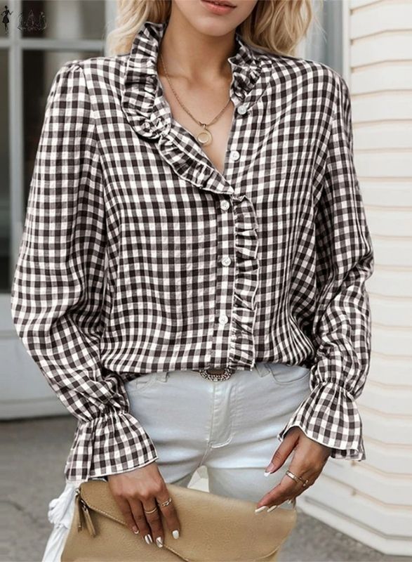 Ellersley — Checked Frill Stand-Neck Shirt